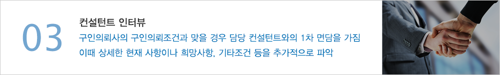 03.컨설턴트 인터뷰 - 구인의뢰사의 구인의뢰조건과 맞을 경우 담당 컨설턴트와의 1차 면담을 가짐 이때 상세한 현재 사항이나 희망사항, 기타조건 등을 추가적으로 파악